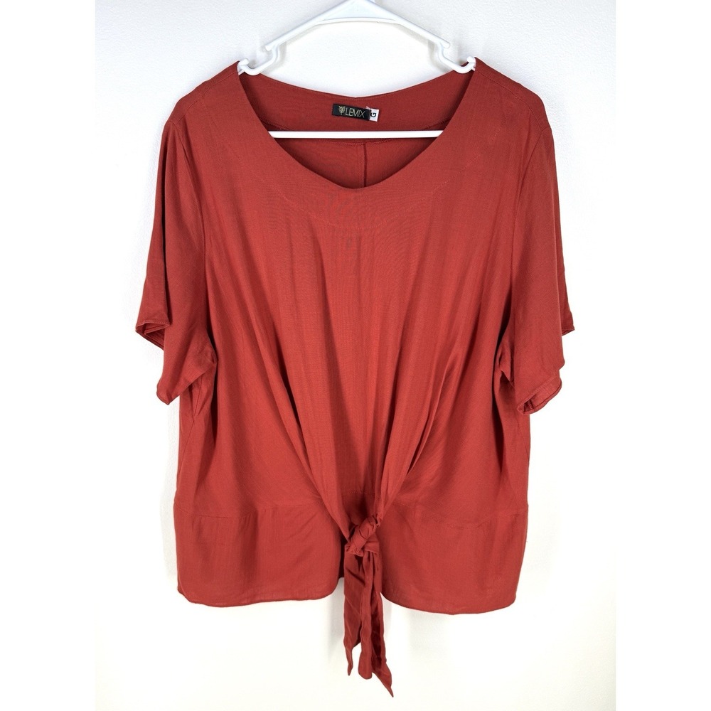 Lemix Women's Top Large Tie Front Accent Short Sleeve Orange Blouse Shirt